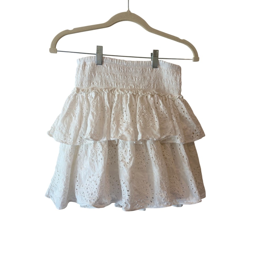 Ramy Brook White Eyelet Tiered Mini Skirt Smocked Waist Ruffle Boho Small S